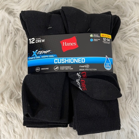 Hanes Other - Hanes 12 Pairs X-Temp Cushioned Crew Socks Big & Tall Shoe Size 12-14 Black NEW